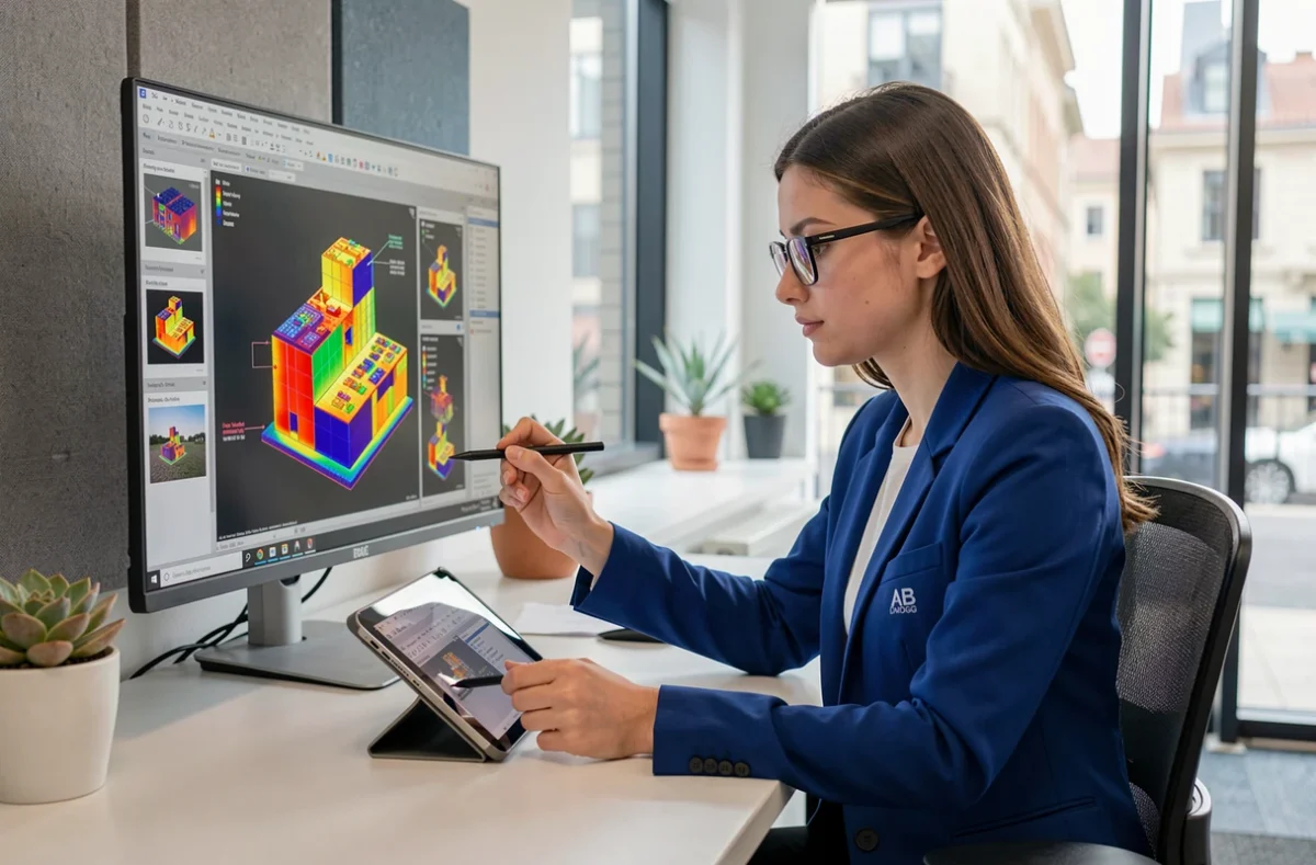 Diagnostiqueure d'AB Diag Image analysant des images thermiques dans un bureau moderne