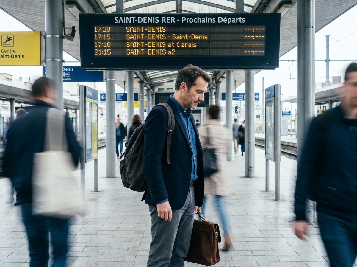 Professionnel sur le quai de la gare RER de Saint-Denis consulte les horaires de transport avant de rejoindre ses bureaux
