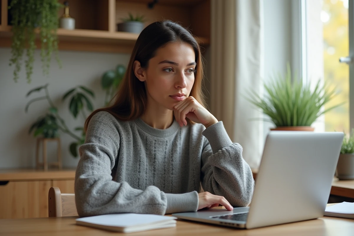 Femme consultant des annonces immobilières en ligne pour acheter un appartement aux Menuires depuis chez elle