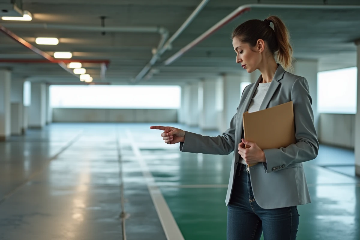 Femme évaluant un emplacement de parking en sous-sol avec des documents d'achat à la main