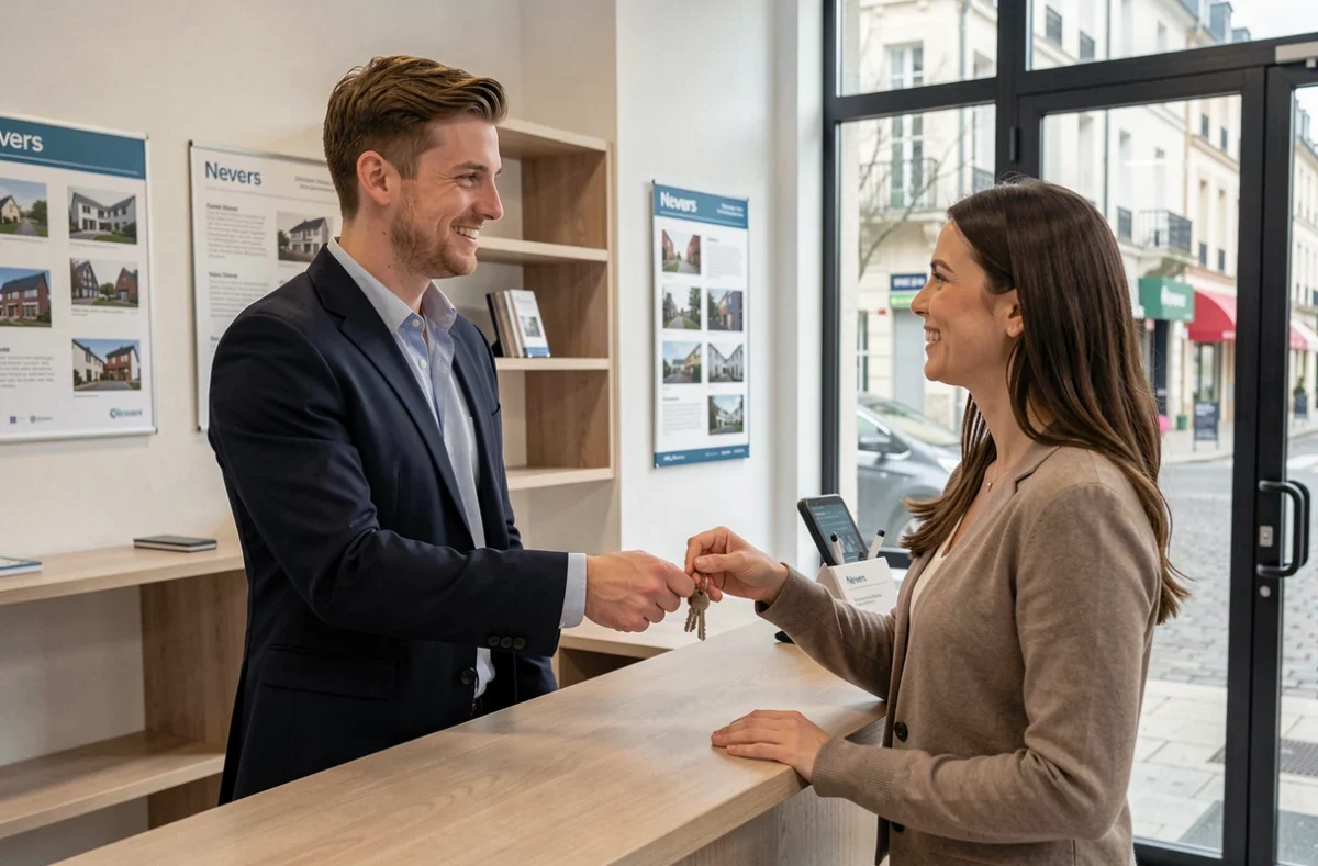 Agent Actimmo 58 remettant les clés d'un bien immobilier à une cliente satisfaite dans l'agence de Nevers