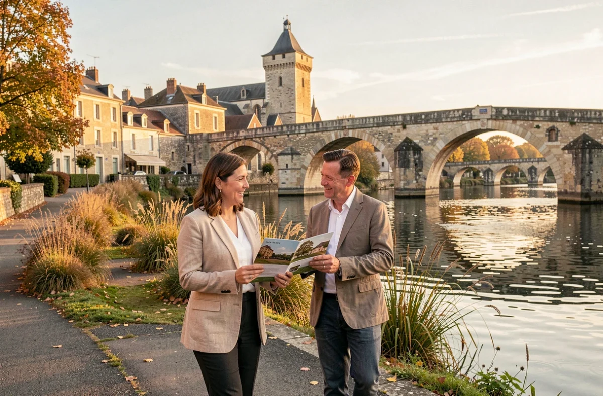 Agente de l'Agence Berry Nivernais accompagnant des clients au bord de la Loire à La Charité-sur-Loire