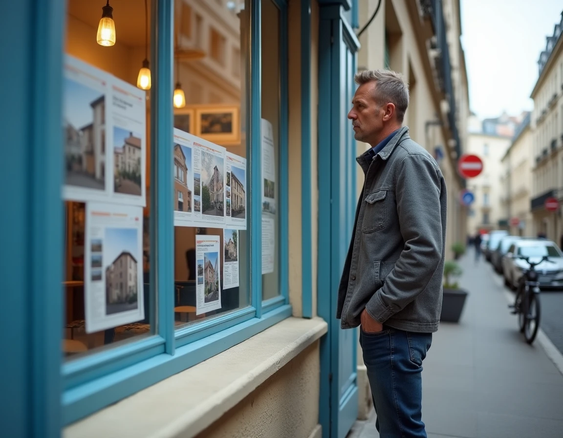 Homme examinant des annonces immobilières dans la vitrine d'une agence du quartier Saint-Esprit à Bayonne, architecture résidentielle typique en fond