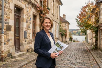 Agent immobilier devant un bâtiment en pierre typique de Nevers, représentant les agences immobilières dans la Nièvre
