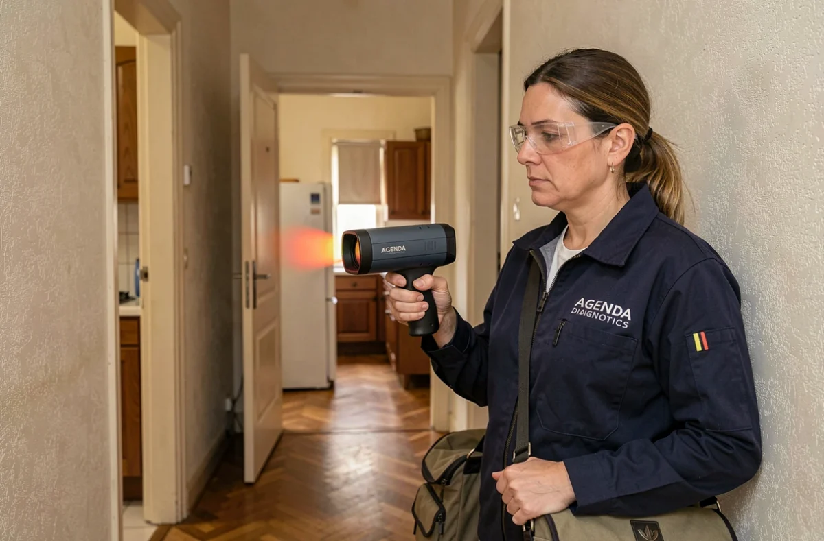 Diagnostiqueure d'AGENDA Diagnostics utilisant une caméra thermique dans un appartement