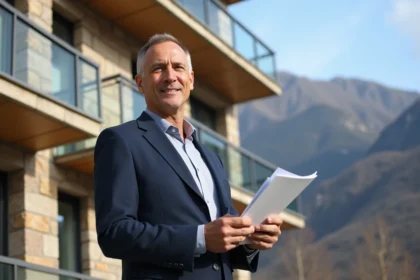 Agent immobilier devant un immeuble résidentiel moderne en pierre et verre à Andorre-la-Vieille avec montagne en arrière-plan