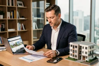 Agent immobilier analysant les documents d'assurance PNO pour un appartement non occupé par le propriétaire
