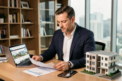 Agent immobilier analysant les documents d'assurance PNO pour un appartement non occupé par le propriétaire