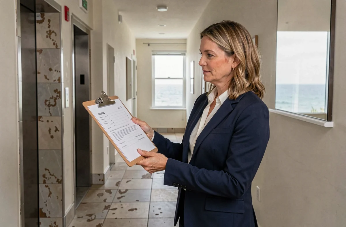 Agent immobilière présentant un état des charges dans la résidence d'un immeuble côtier