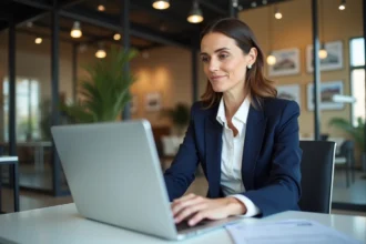 Professionnelle de l'immobilier consultant un site juridique foncier sur son ordinateur portable dans une agence moderne