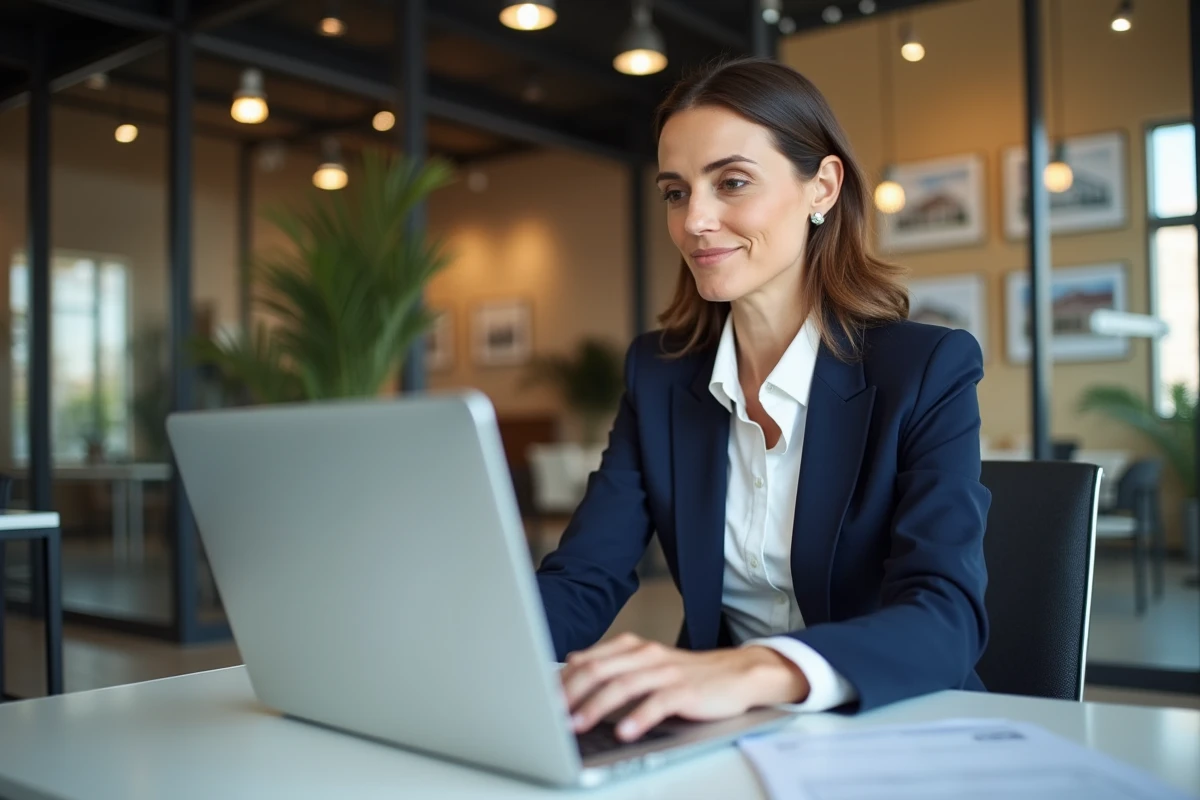 Professionnelle de l'immobilier consultant un site juridique foncier sur son ordinateur portable dans une agence moderne