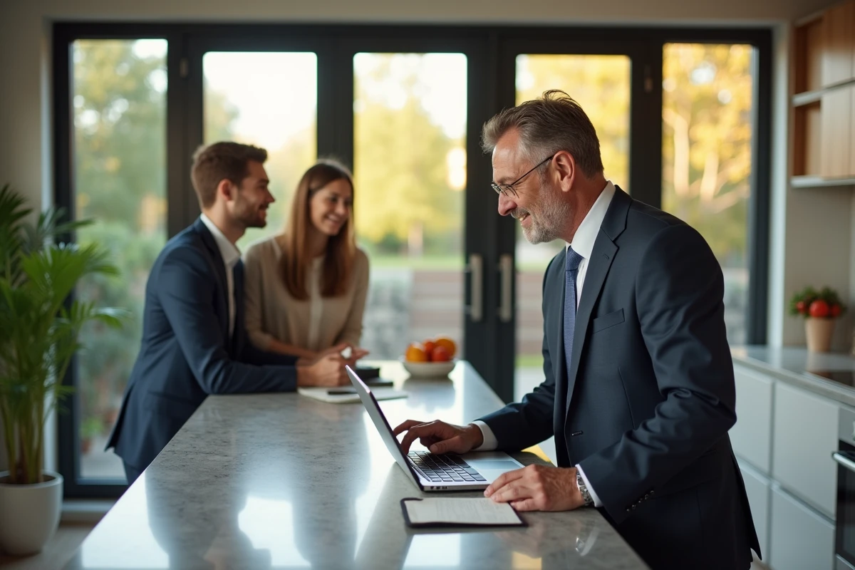 Agent immobilier présentant une visite virtuelle dans une cuisine moderne
