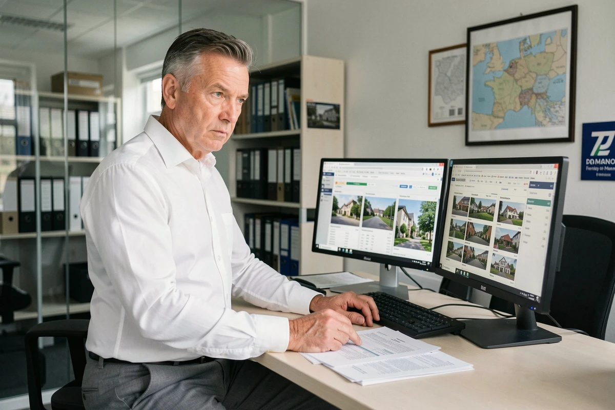 Agent immobilier expérimenté analysant les données du marché immobilier en Seine-et-Marne dans son bureau