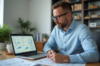 Agent immobilier analysant une estimation de prix sur un logiciel immobilier en ligne depuis son bureau à domicile