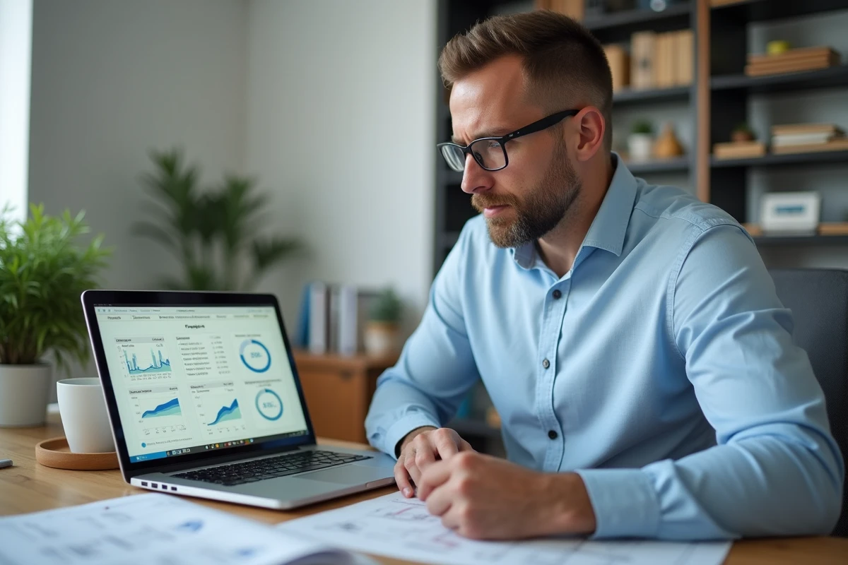 Agent immobilier analysant une estimation de prix sur un logiciel immobilier en ligne depuis son bureau à domicile