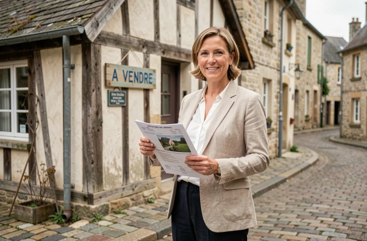 Agent immobilier présentant une maison de pêcheur normande à vendre dans un village côtier français