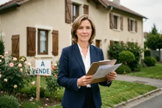 Agent immobilière professionnelle devant une maison à vendre en Seine-et-Marne avec panneau À Vendre