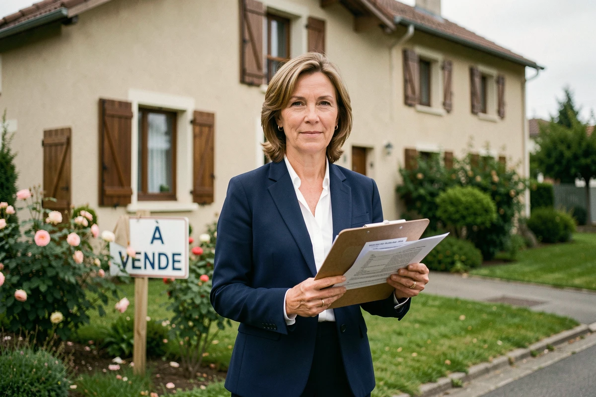 Agent immobilière professionnelle devant une maison à vendre en Seine-et-Marne avec panneau À Vendre