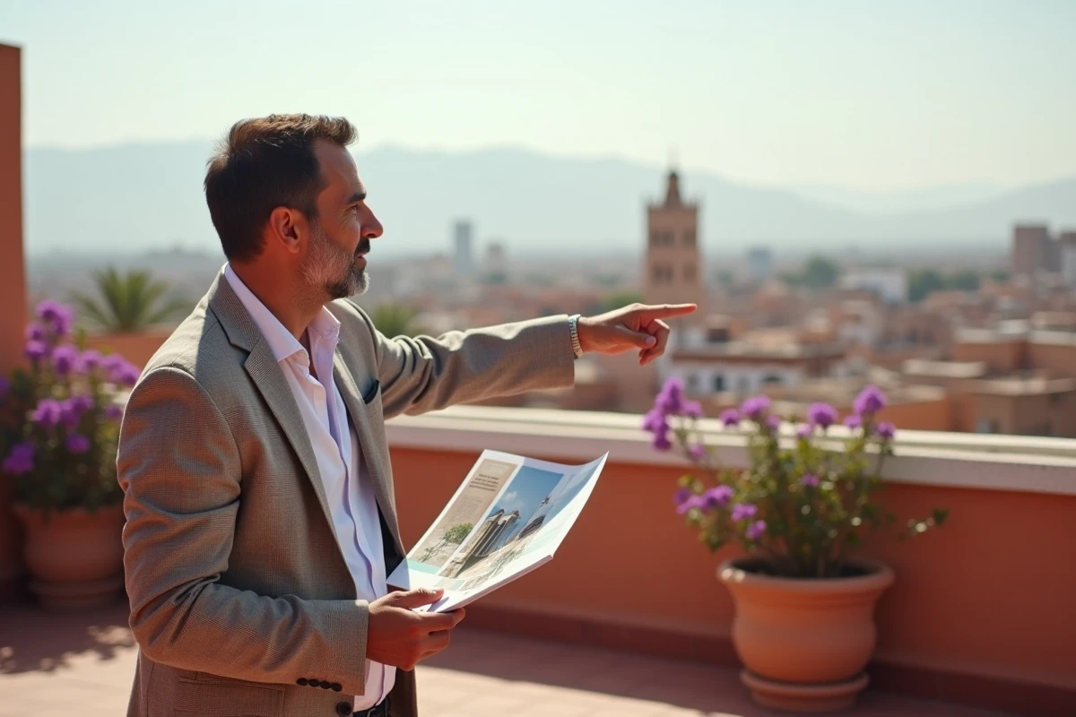 Agent immobilier marocain présentant un riad à vendre sur une terrasse avec vue panoramique sur la médina de Marrakech et les montagnes de l'Atlas en arrière-plan
