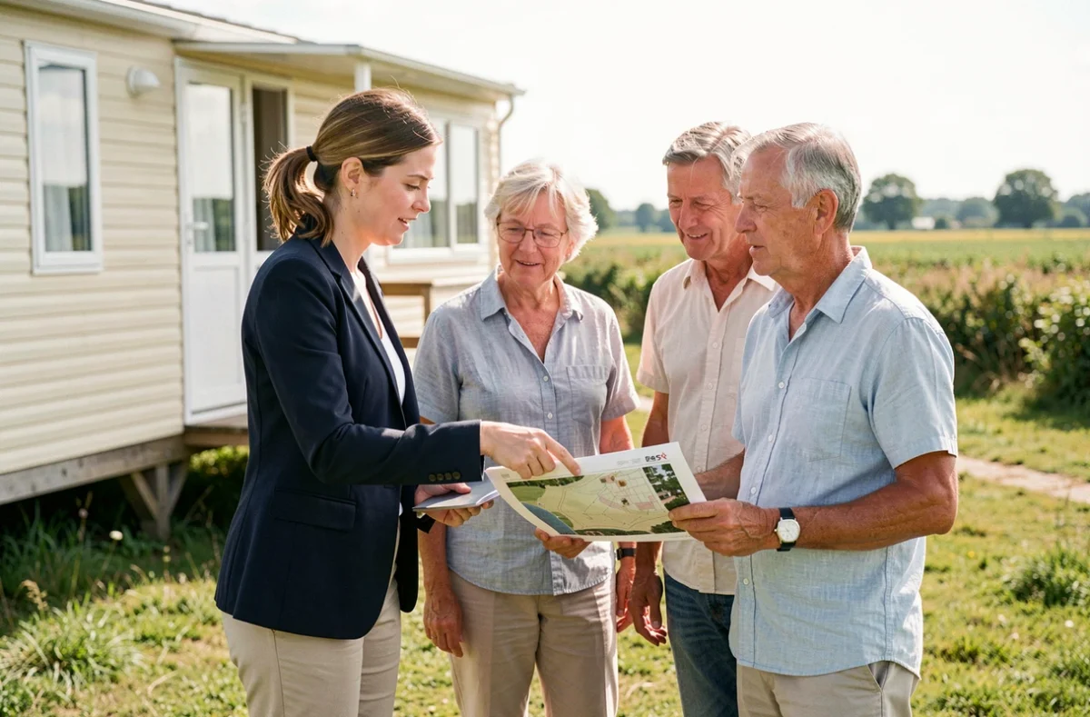 Agent immobilier présentant des documents de vente à un couple devant un mobil home en Vendée lors d'une visite de terrain