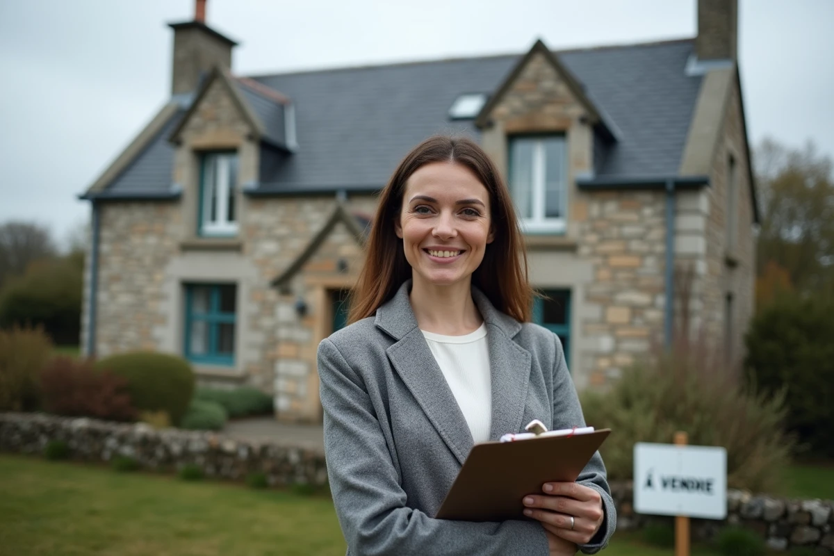 Agent immobilier devant une maison bretonne en pierre à vendre en urgence dans le Morbihan