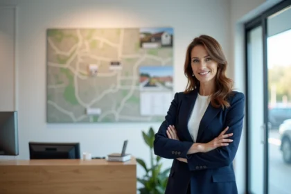 Agente immobilière de l'agence Dumoulin 87 présentant des biens immobiliers à Limoges dans une agence moderne et professionnelle