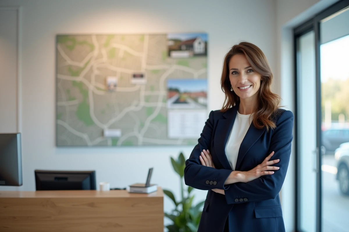 Agente immobilière de l'agence Dumoulin 87 présentant des biens immobiliers à Limoges dans une agence moderne et professionnelle