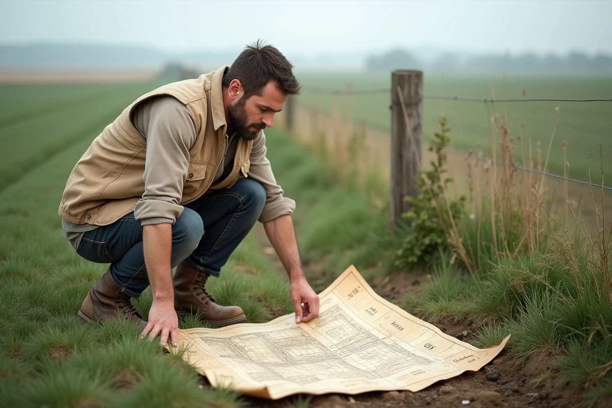 Agriculteur étudiant un plan cadastral en ares dans un champ agricole