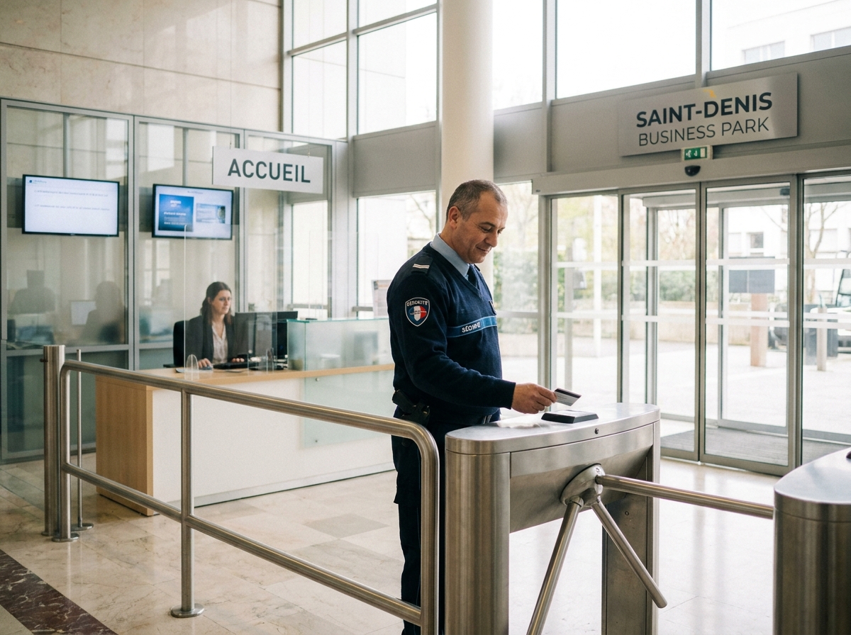 Agent de sécurité contrôlant l'accès à un immeuble de bureaux à Saint-Denis dans un hall d'entrée sécurisé avec portique
