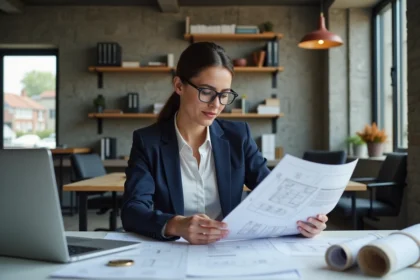 Femme professionnelle analysant un contrat immobilier dans un bureau moderne avant de signer un projet de logement