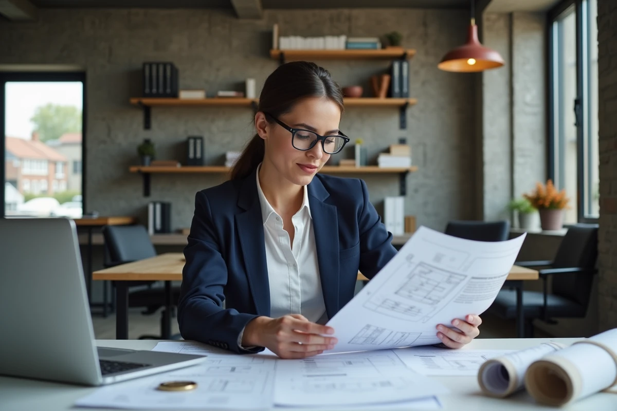 Femme professionnelle analysant un contrat immobilier dans un bureau moderne avant de signer un projet de logement