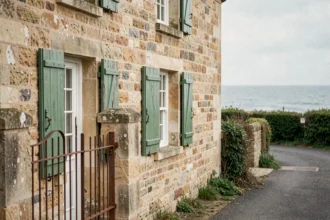 Ancienne maison normande en pierre à rénover avec vue sur la mer, façade weatherée et volets verts délavés
