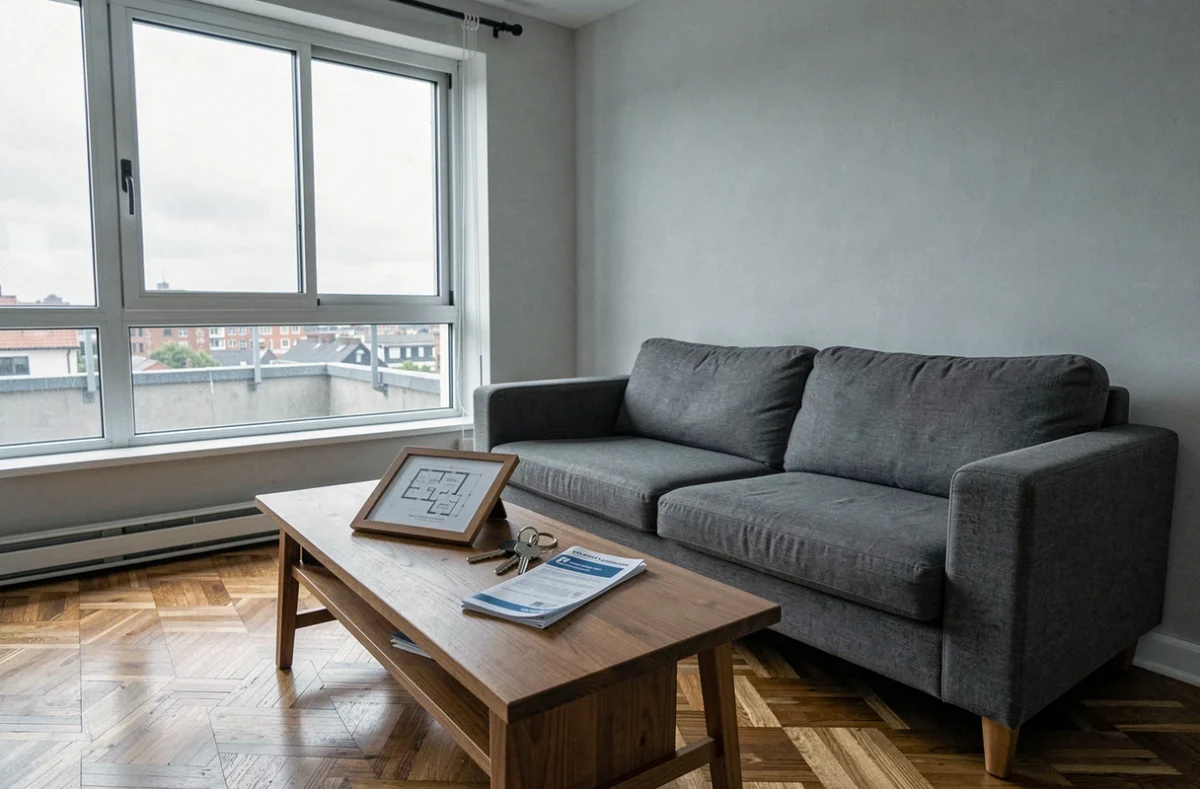 Appartement locatif meublé avec clés et brochure d'assurance PNO sur la table basse, vue intérieure réaliste