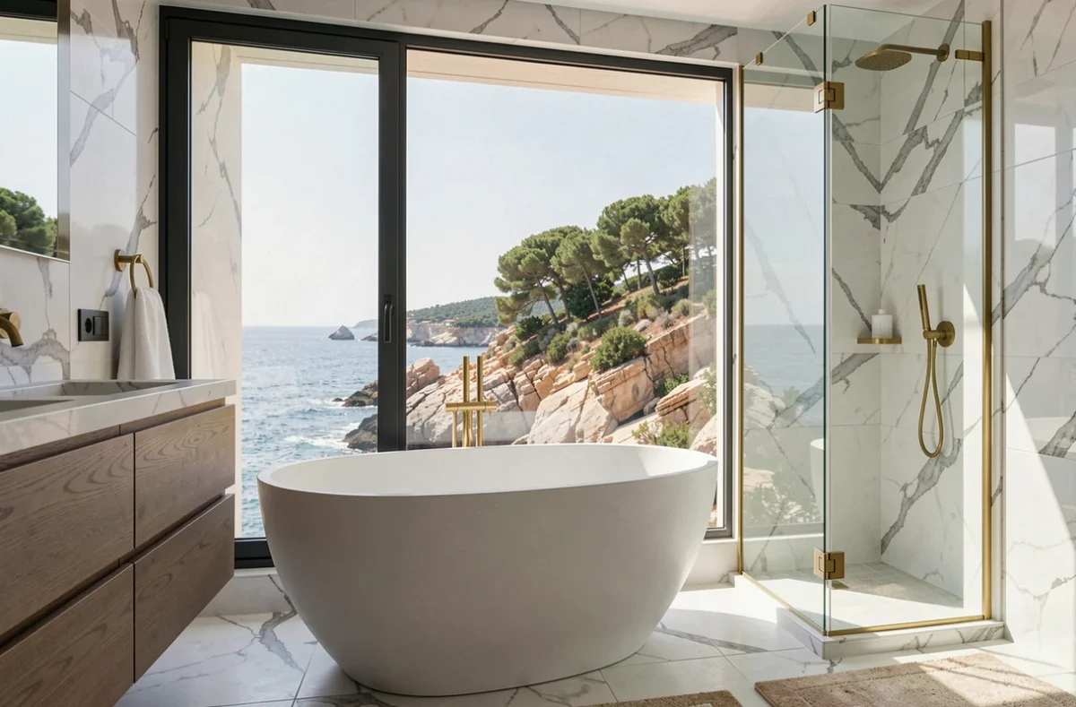 Salle de bain haut de gamme d'un appartement de luxe sur la Costa Brava avec baignoire îlot et vue sur la côte catalane