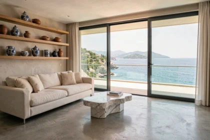 Salon d'appartement de luxe sur la Costa Brava avec vue panoramique sur la mer Méditerranée et intérieur design contemporain