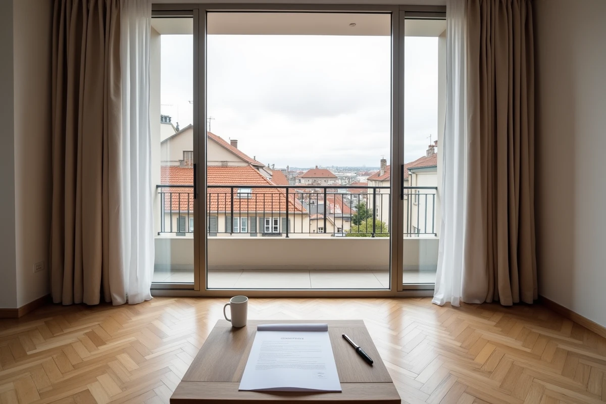 Intérieur d'appartement lyonnais vide avec contrat de location posé sur une table basse en bois