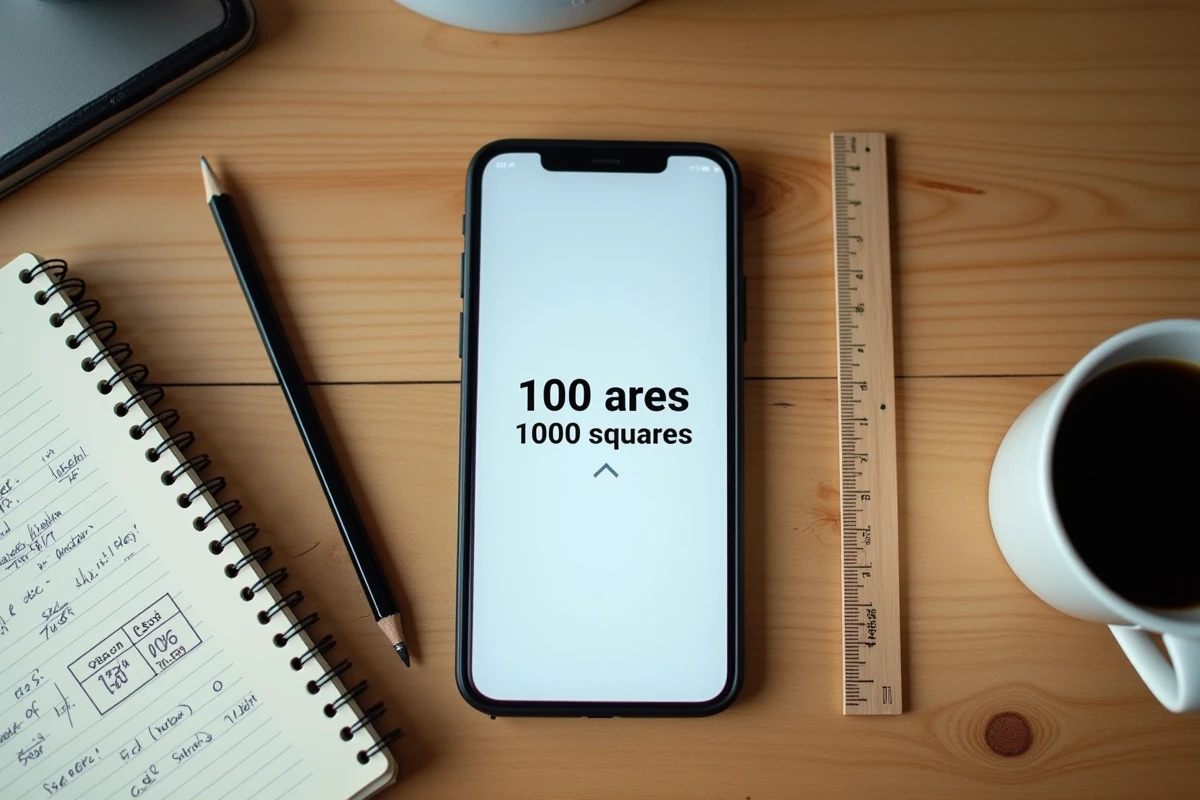 Application de conversion d'unités affichant 100 ares en mètres carrés sur smartphone avec notes manuscrites