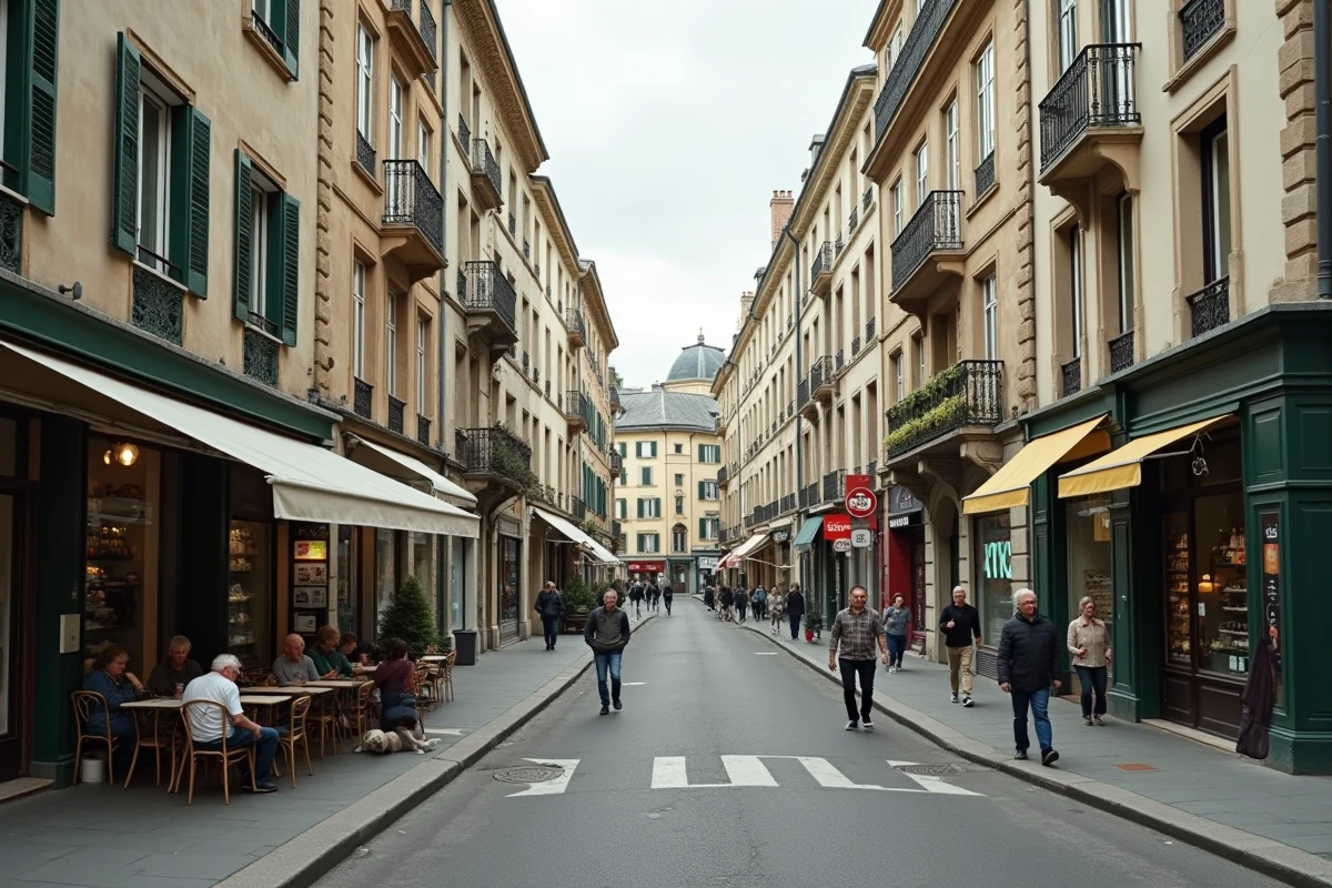 Avenue commerçante et résidentielle animée dans un quartier de Saint-Étienne avec immeubles et commerces de proximité