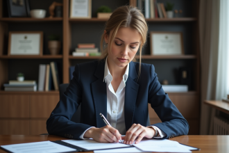 Femme professionnelle en bureau examinant un contrat notaire