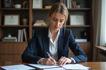 Femme professionnelle en bureau examinant un contrat notaire