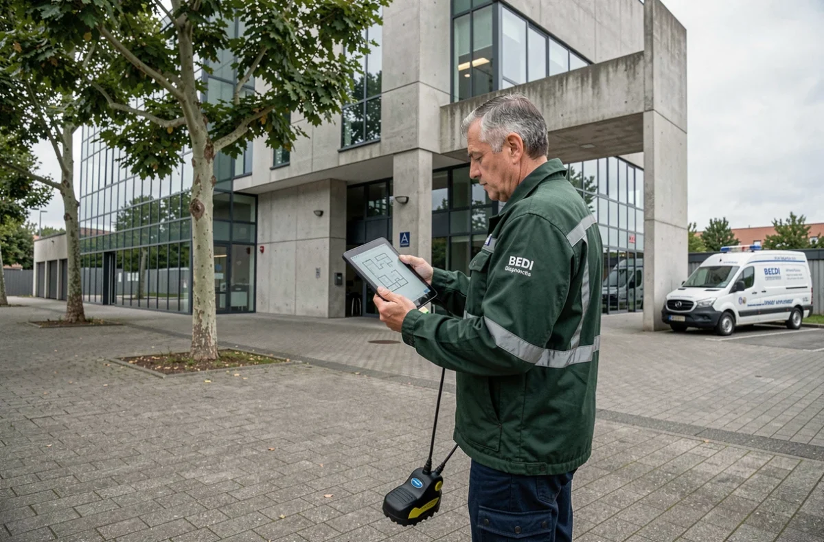 Expert de BEDI évaluant l'entrée d'un bâtiment commercial dans le Var