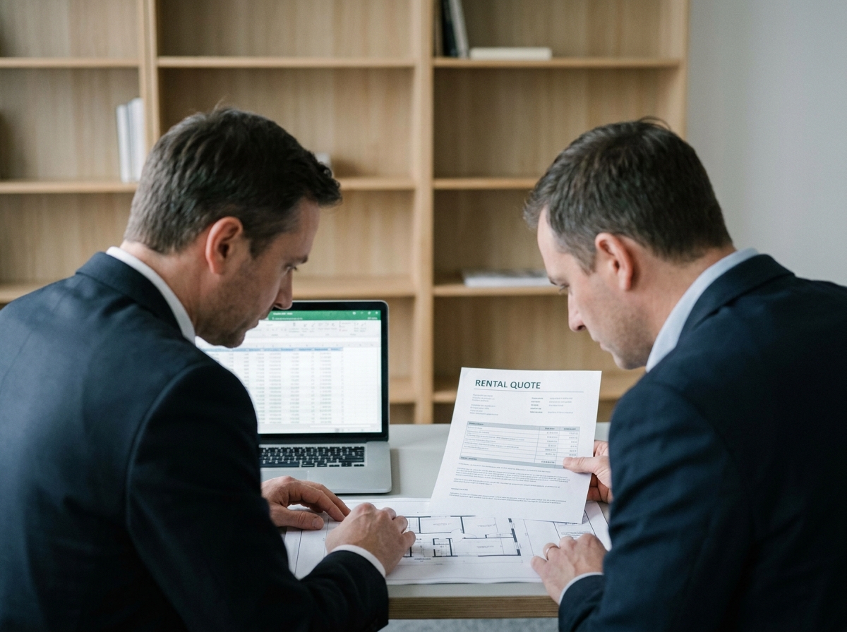 Agent immobilier et client d'entreprise analysent les conditions financières et le budget d'une location de bureaux