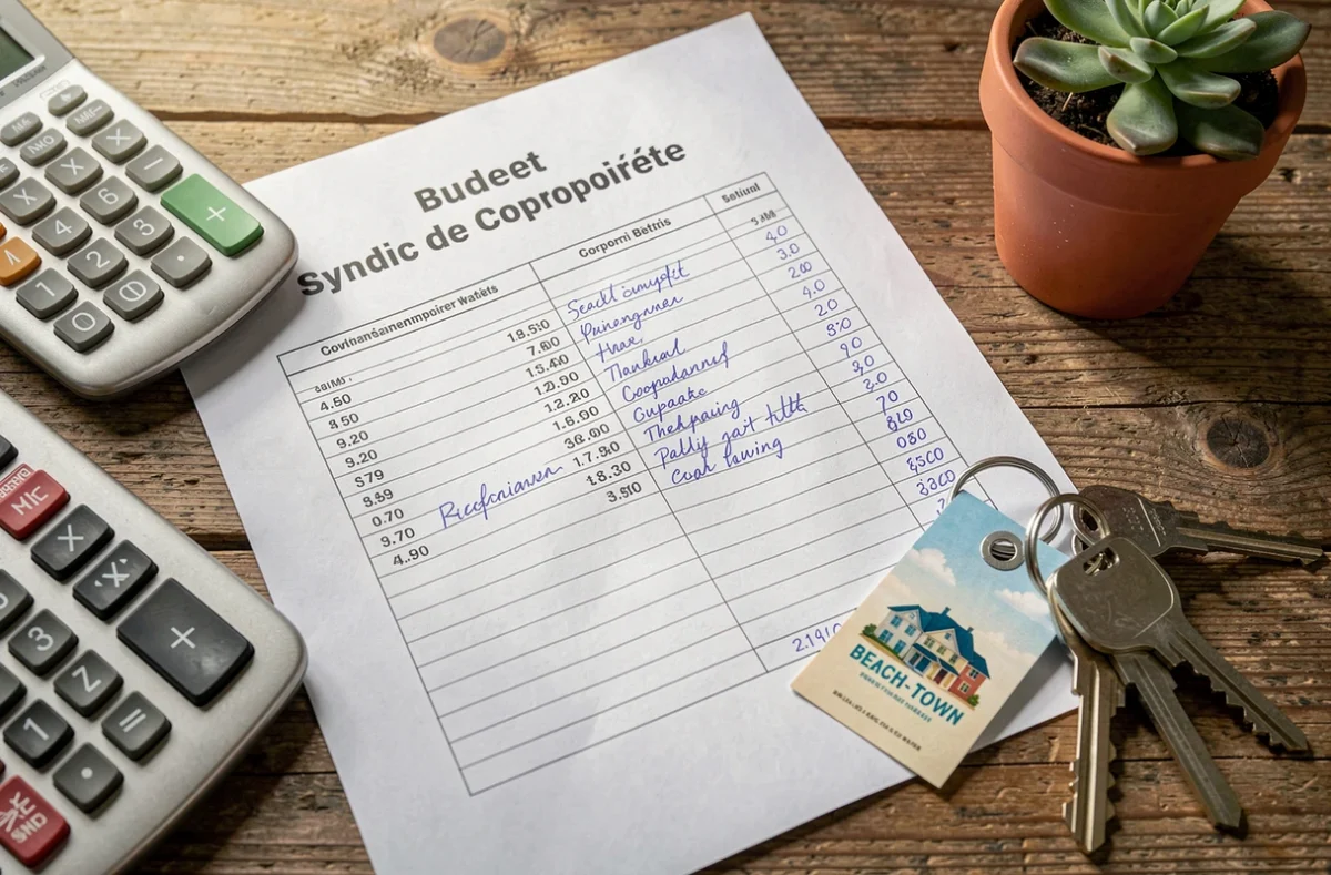Documents de budget de copropriété bord de mer avec annotations et calculatrice sur bureau en bois