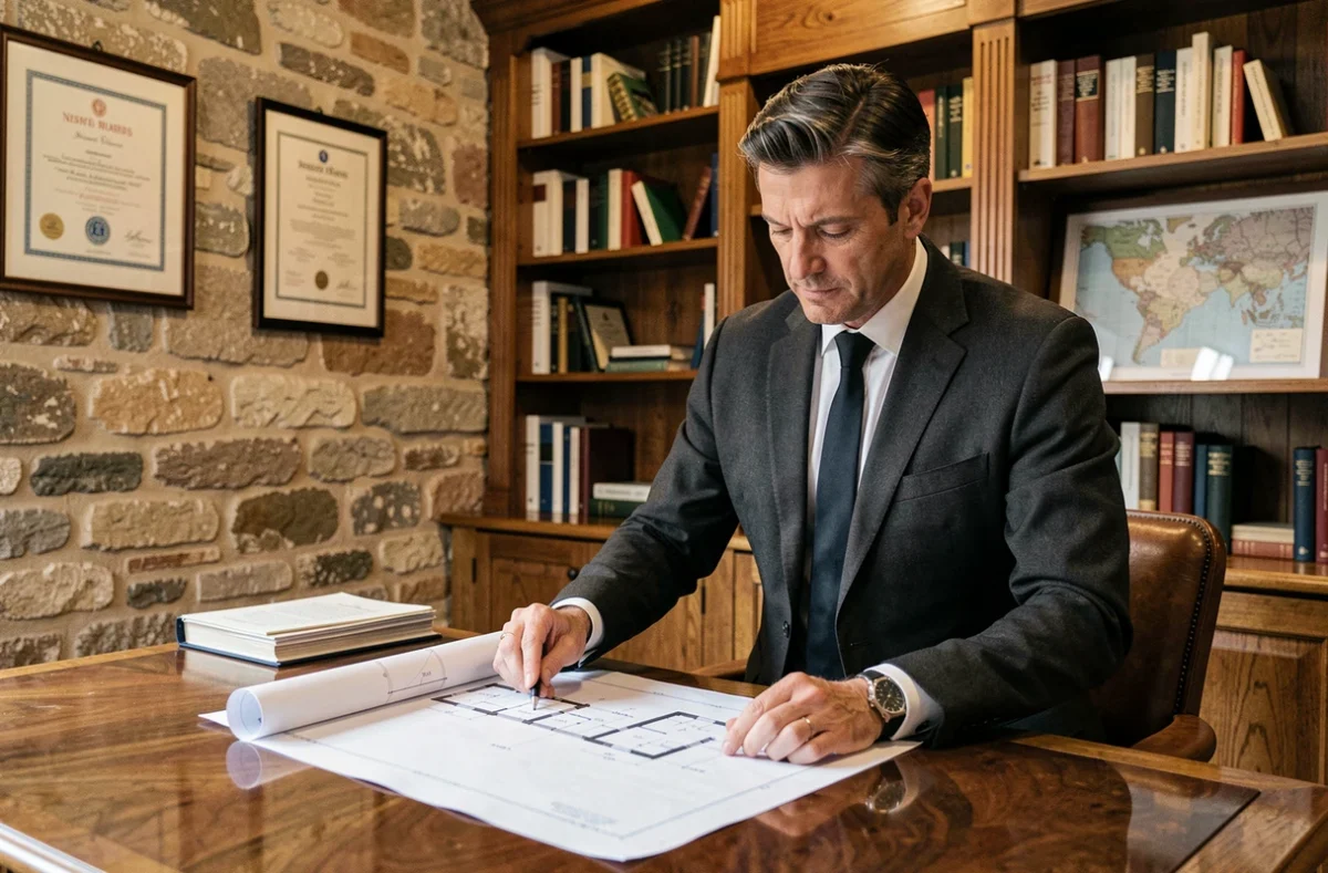 Agent du Cabinet Beugnot SAS à Nevers examinant des plans immobiliers dans un bureau classique en pierre