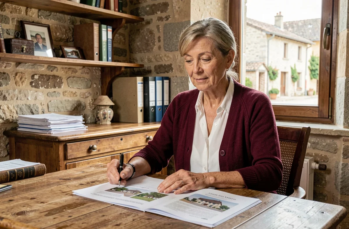 Agente du Cabinet Hulot Immobilier dans son bureau en pierre à Corbigny, consultant un dossier de vente