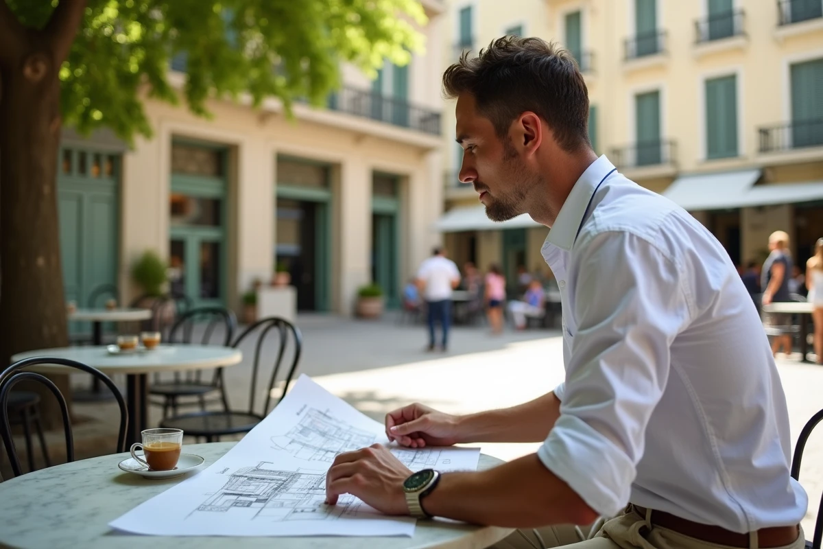 Homme consultant des plans d'architecture dans un café branché d'un quartier en pleine gentrification à Marseille