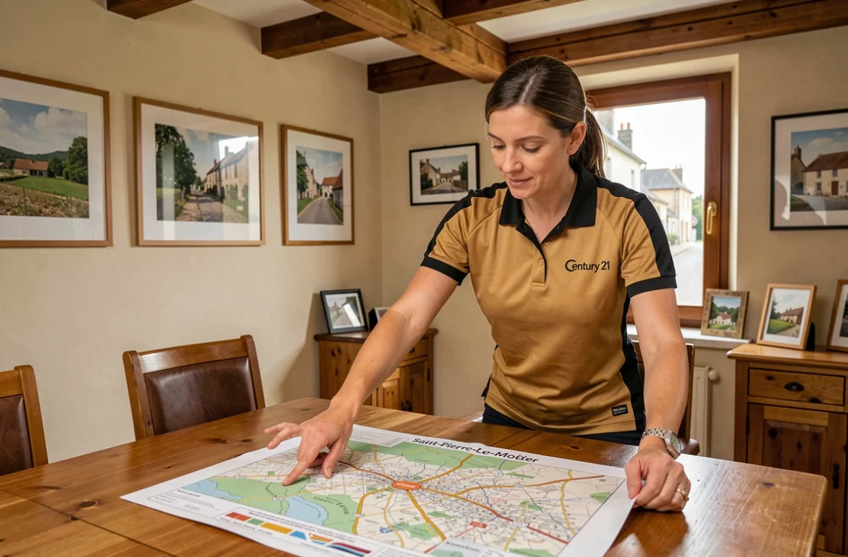 Conseillère Century 21 Confluences présentant une carte de Saint-Pierre-le-Moûtier dans l'agence locale