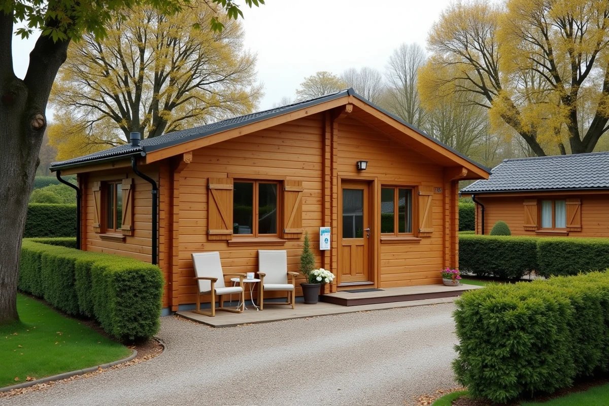 Chalet en vente dans un parc résidentiel de loisirs entouré de verdure en automne