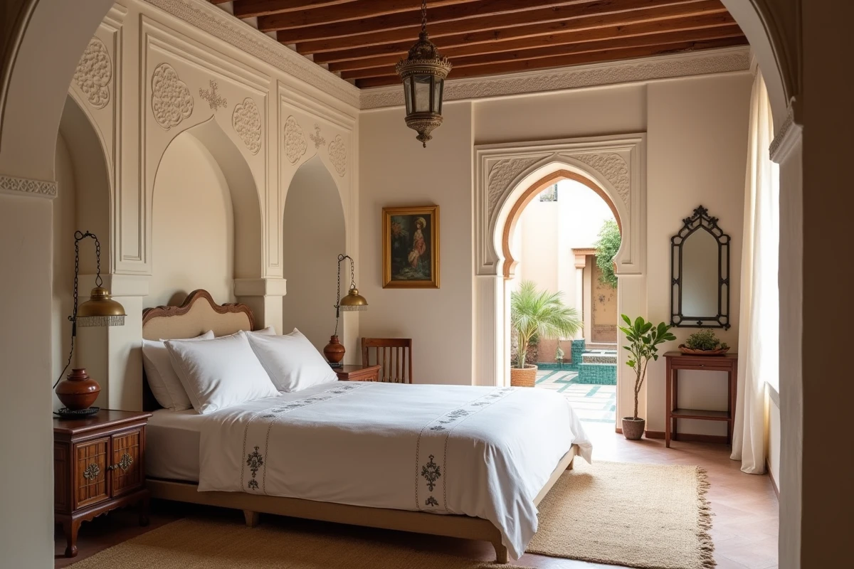 Chambre de riad restauré à Marrakech avec arches en stuc sculpté, linge brodé et lanterne traditionnelle, illustration parfaite d'un bien immobilier de caractère en médina