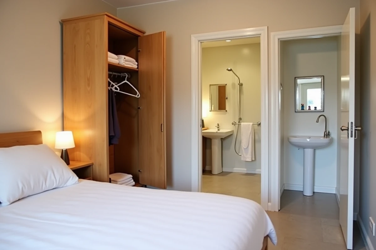 Chambre et salle d'eau meublées dans un logement locatif avec literie, armoire, douche et sanitaires selon la liste obligatoire